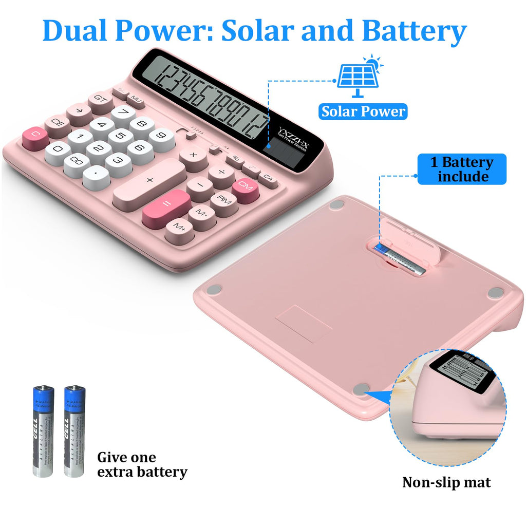 Desktop Calculator with Extra Large 5-Inch LCD Display, 12-Digit Two Way Power Solar & Battery Office Calculator with Big Buttons for Business, Accounting & Home Use(Pink)