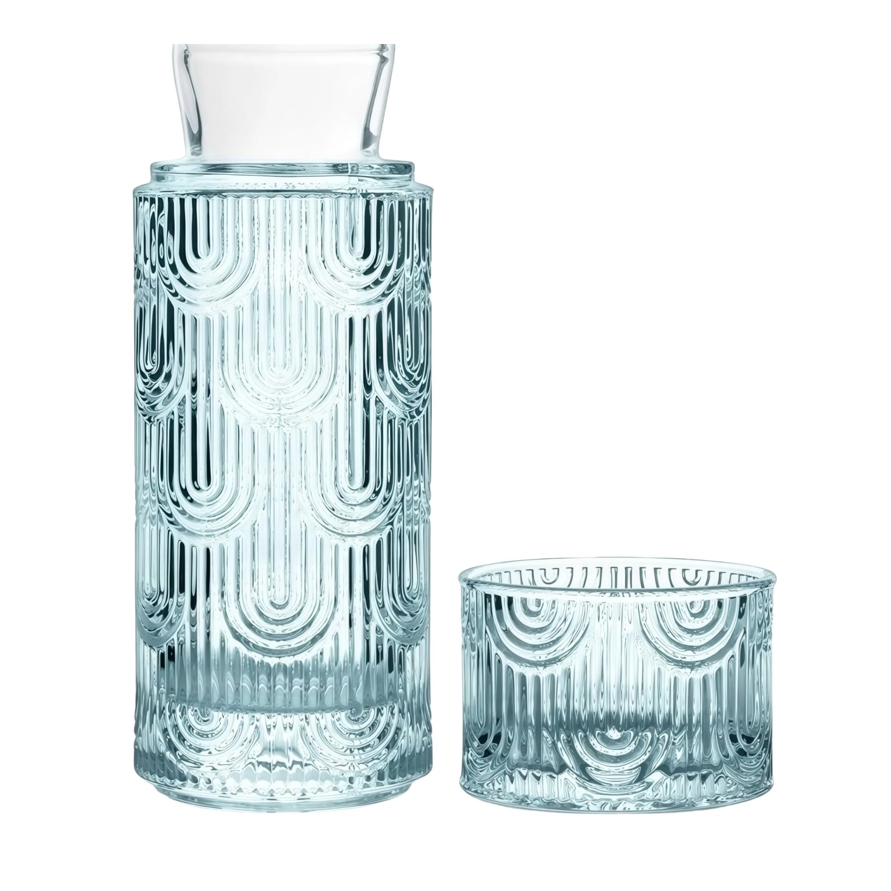 Bedside Water Carafe and Glass Set, Mouthwash Water Dispenser for Bathroom, 21.6 OZ Glass Pitcher Bottles with 6 OZ Lid for Bedroom and Dining (Light Blue)