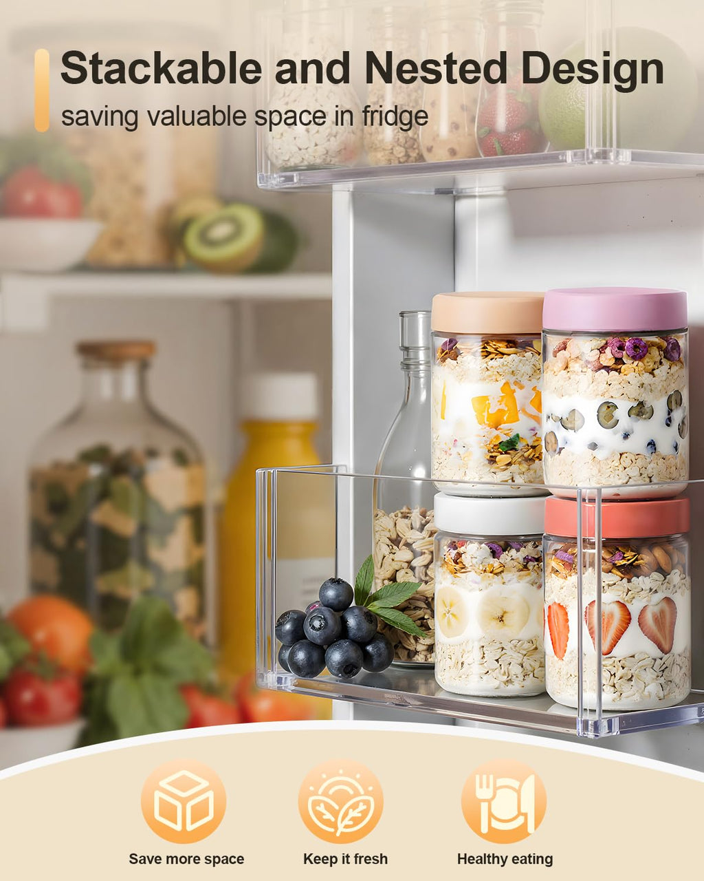 Overnight Oats Jars, 4 Pieces of 500ml/16oz Overnight Oatmeal Container with Lid by Pitch Pulse, Homemade Yogurt Oatmeal Salad Jam Pudding Storage Container
