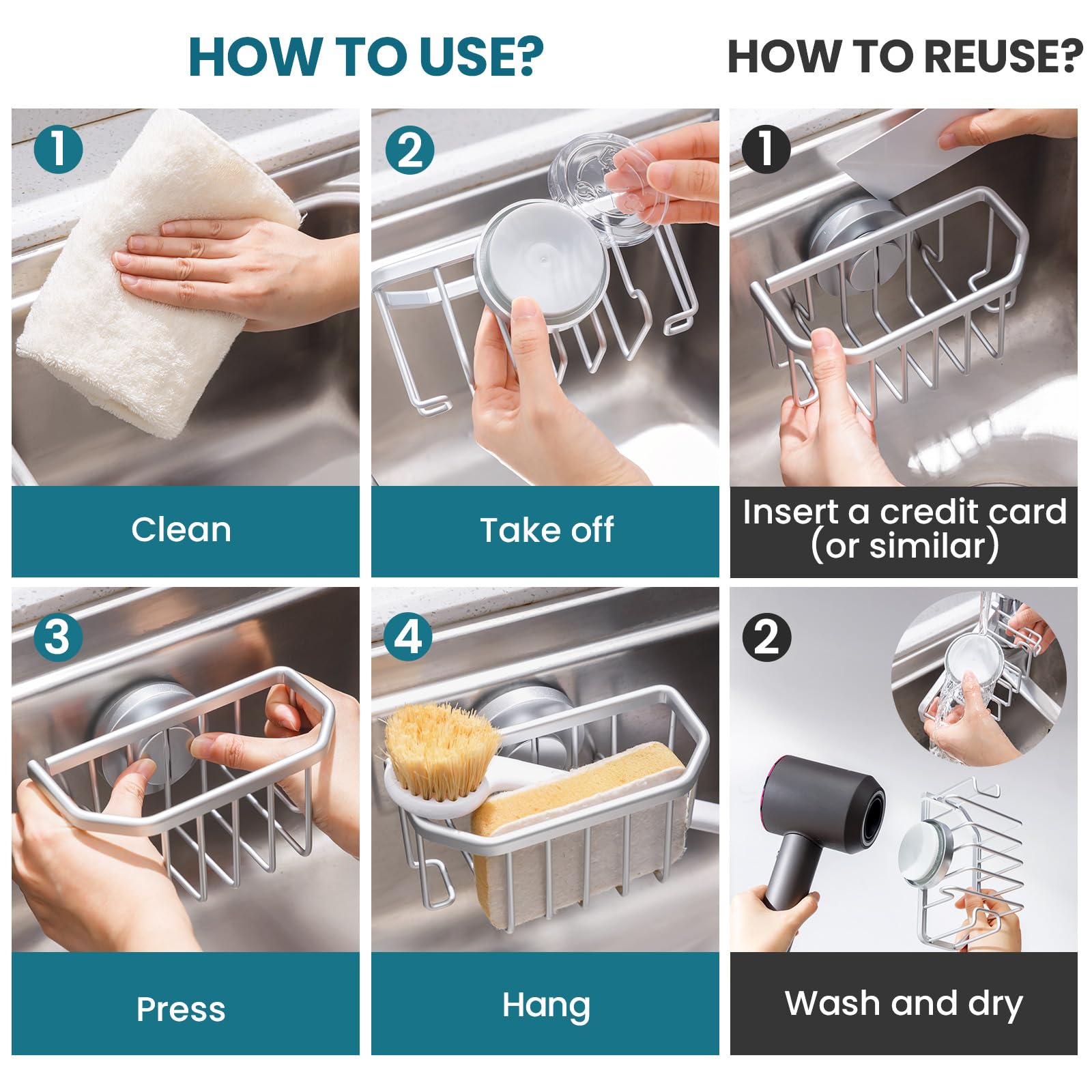 TAILI Sponge Holder with Strong Suction Cup, Dish Sponge Caddy Inside Sink Removable, Rustproof Aluminum for Brushes, Stoppers and Scrapers - Silver