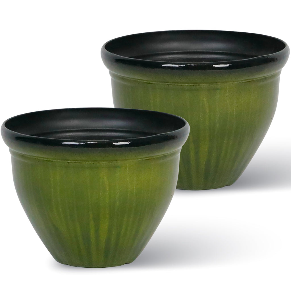 Worth Garden 8-Inch Dia. Round Green Plastic Planters with Drain Holes, 5.9-Inch Height - 2-Pack Glossy Finish Bell-Shaped Plant Pot – Lightweight Indoor/Outdoor Flower Pots