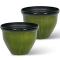 Worth Garden 8-Inch Dia. Round Green Plastic Planters with Drain Holes, 5.9-Inch Height - 2-Pack Glossy Finish Bell-Shaped Plant Pot – Lightweight Indoor/Outdoor Flower Pots