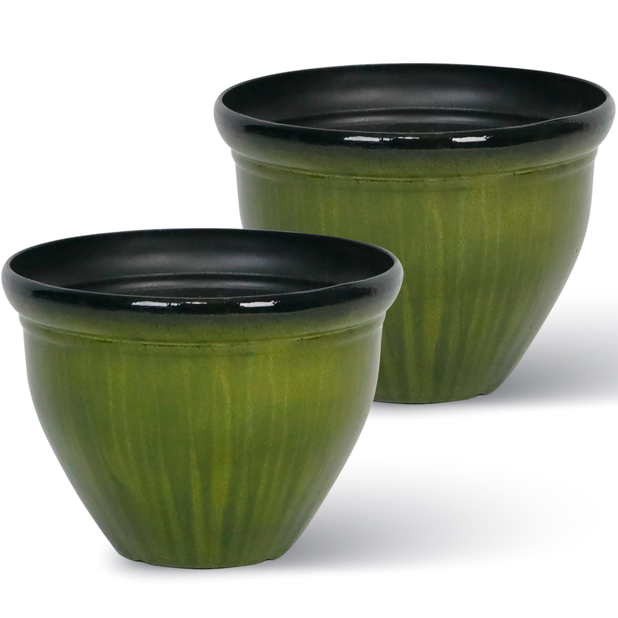 Worth Garden 8-Inch Dia. Round Green Plastic Planters with Drain Holes, 5.9-Inch Height - 2-Pack Glossy Finish Bell-Shaped Plant Pot – Lightweight Indoor/Outdoor Flower Pots