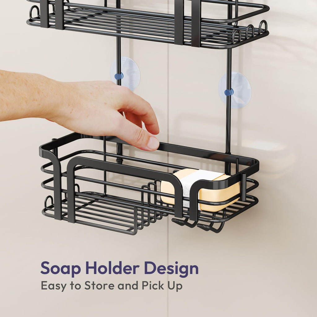 SWTYMIKI Shower Caddy Hanging - Over the Door Shower Caddy with Soap Holder, 11 Hooks, 2 Installation Ways, Stainless Steel Rustproof Shower Shelves, Black