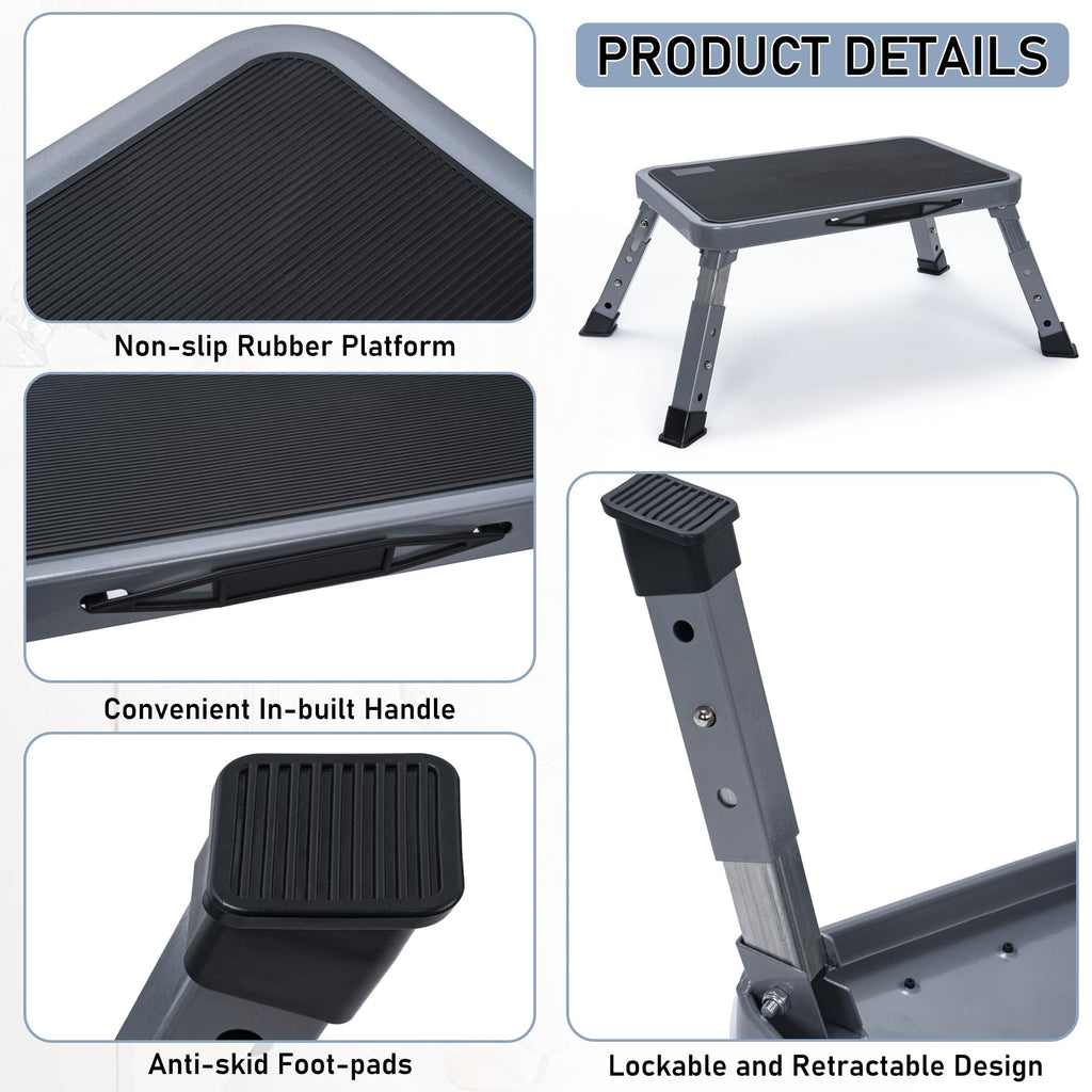 BQKOZFIN Folding Step Stool, 15'‘ x 10.2’' Adjustable Height Step Stool with Non-Slip Rubber and Handle, Suitable for RVs, Bathrooms, Kitchens, and Bedside Use, Supports up to 330 lbs (Gray)
