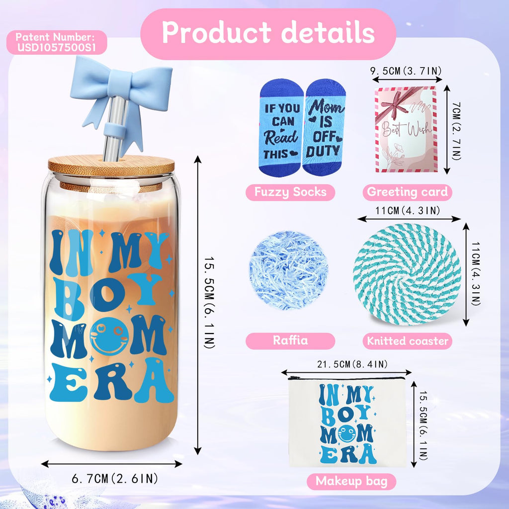 ANOTION in My Boy Mom Era Gift Set - Boy Mom Iced Coffee Cups, Mothers Day Coffee Mug with Straw, New Mom Gifts, Mother's Day Card, Mama Birthday Gift, Glass Tumbler Drinking Cup for Mother