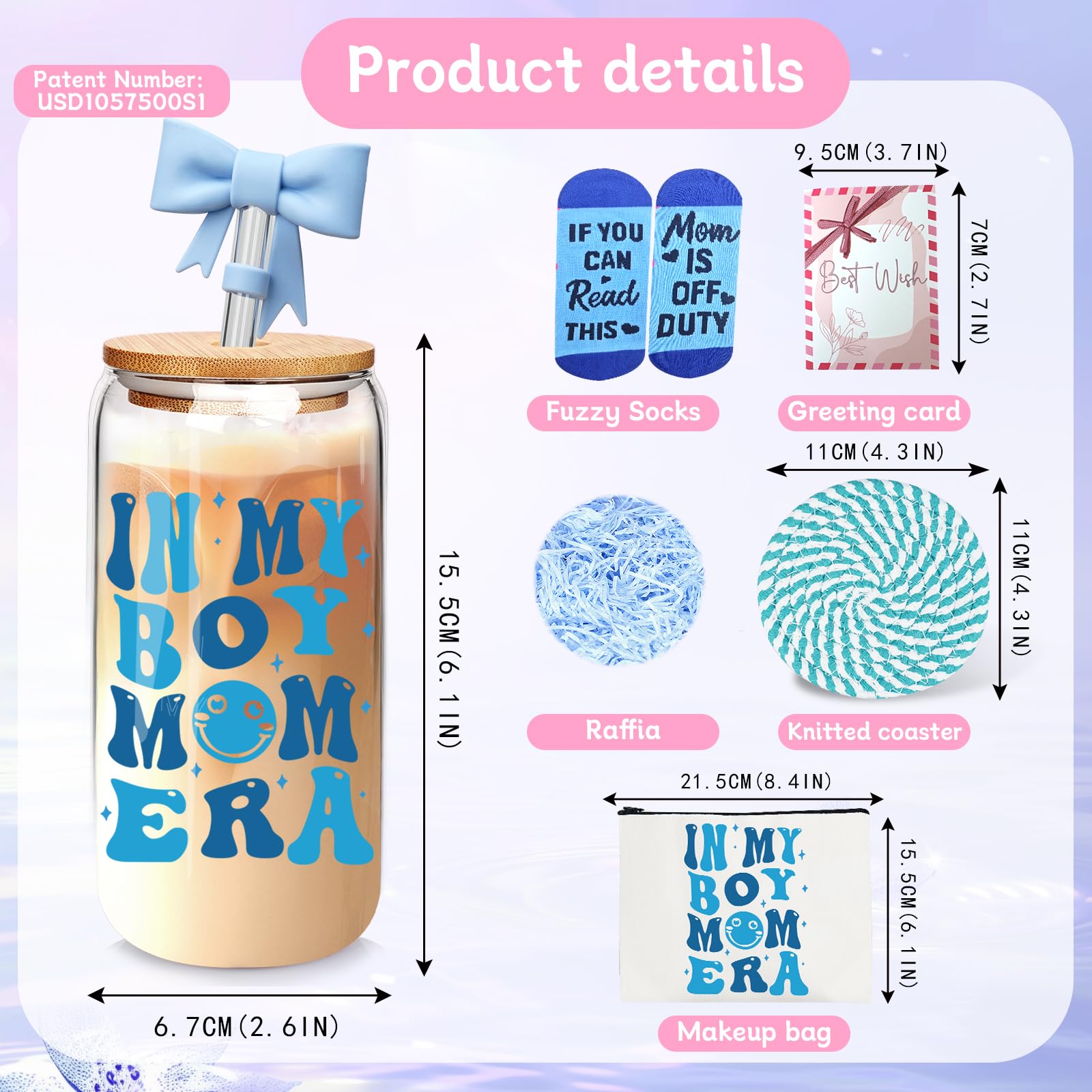 ANOTION in My Boy Mom Era Gift Set - Boy Mom Iced Coffee Cups, Mothers Day Coffee Mug with Straw, New Mom Gifts, Mother's Day Card, Mama Birthday Gift, Glass Tumbler Drinking Cup for Mother