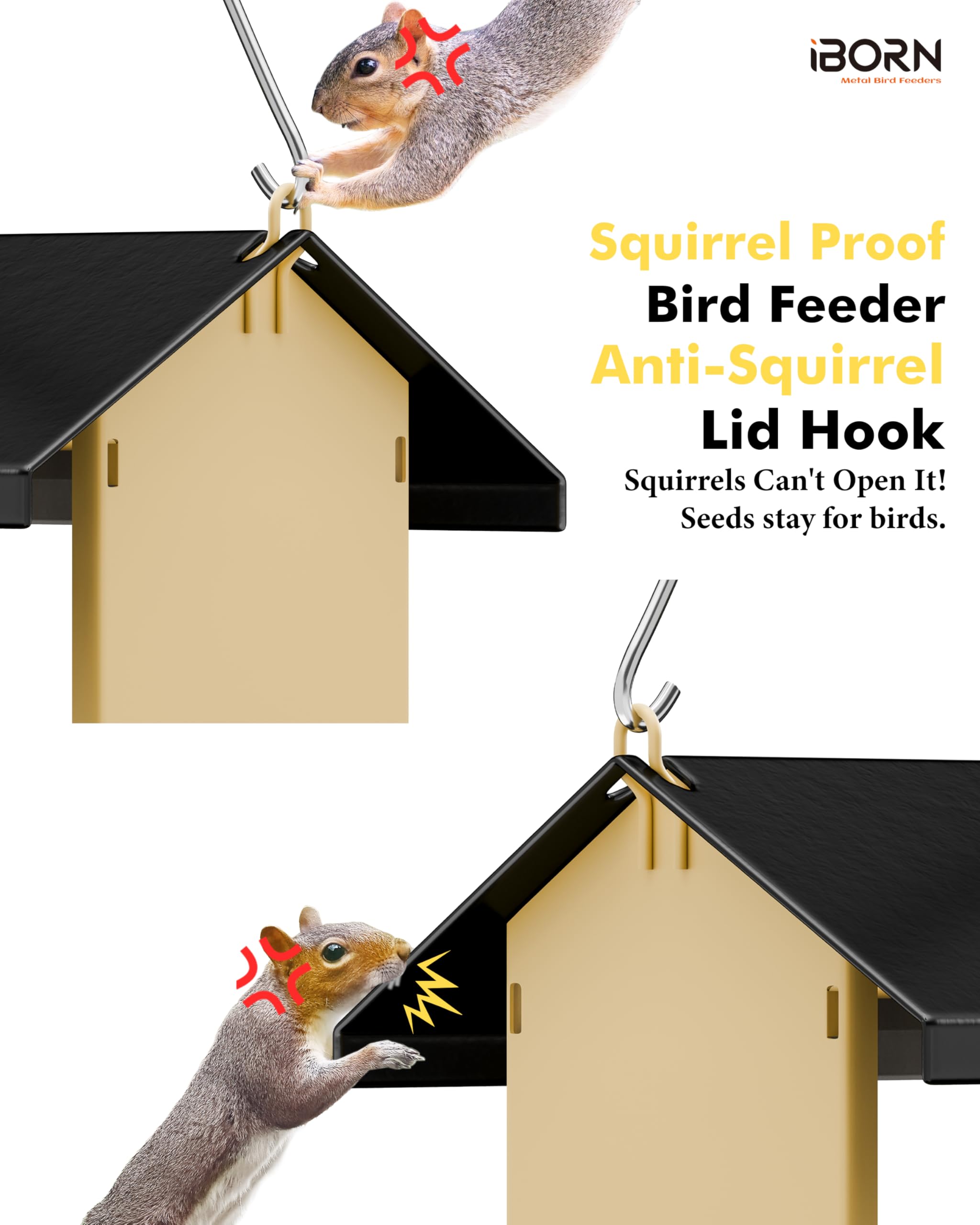 iBorn Bird Feeders for Outdoors,Bird Feeder with Weatherproof Metal Roof & 8 Drain Holes,Fully Detachable Birdfeeder Design,Easy Clean & Refill,Chew-Proof PC Windows,3.2 Lbs Capacity,Black Roof