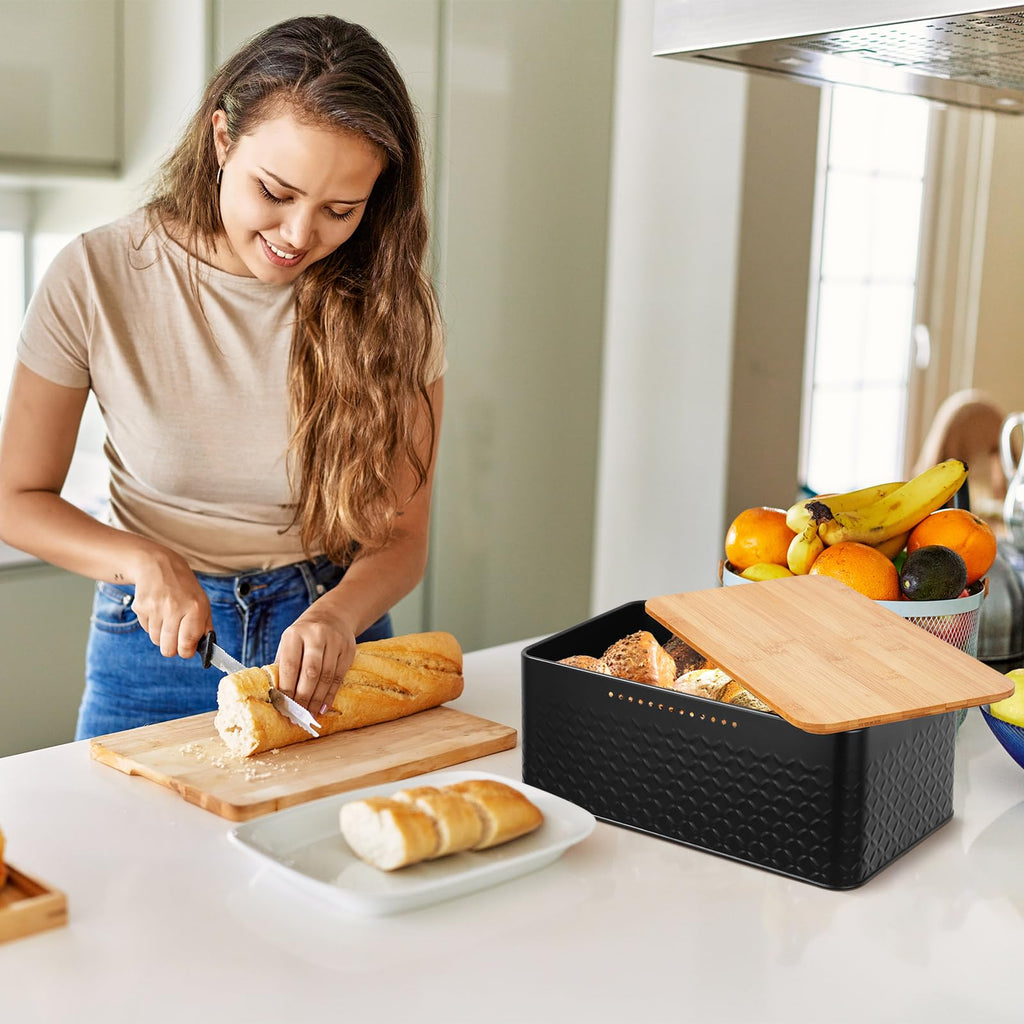 Pitmoly Bread Box, Metal Bread Container with Bamboo Lid, Bread Storage Container for Kitchen Countertop, Large Modern Bread Bin 13" x 7" x 5.3" (Black)