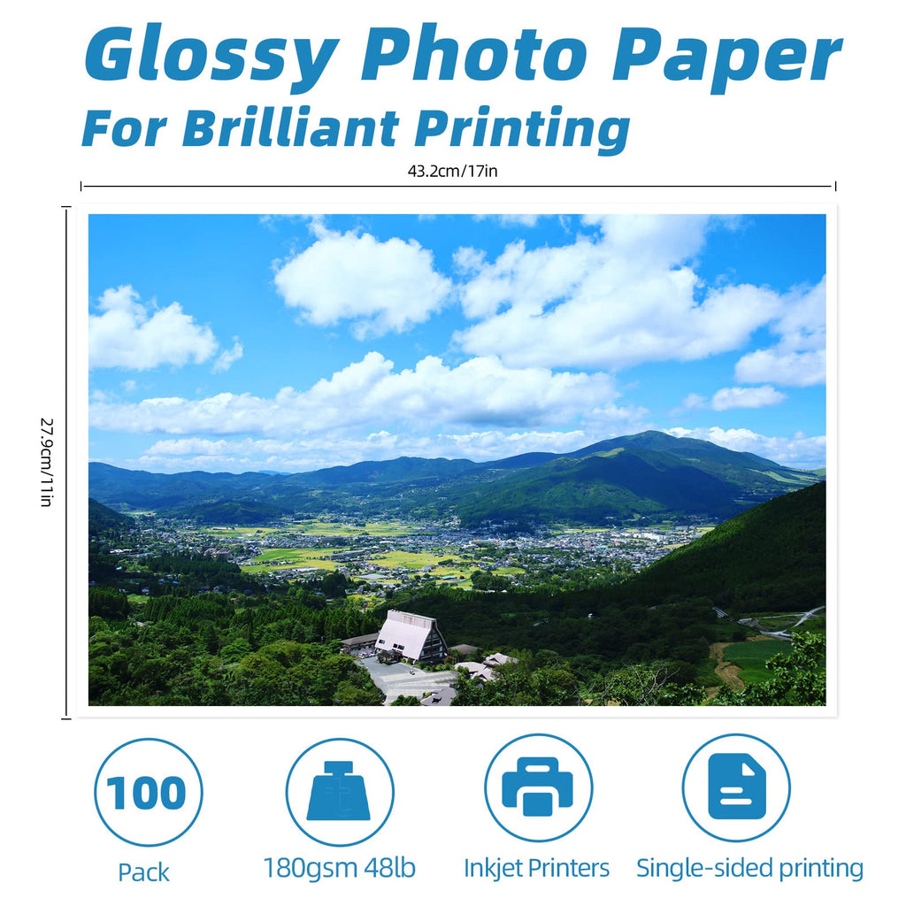 Uinkit Thin 11x17 Inkjet Glossy Photo Paper 100 Sheets 48lb Poster Paper for Printer Professional Photographic Paper
