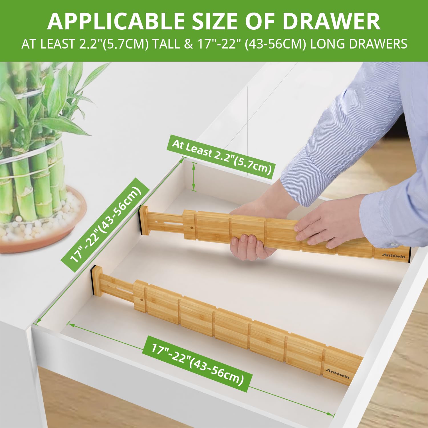 ANTOWIN 4 Pack Expandable Drawer Dividers, 2.2'' High, Extend from 17'' to 22'', Dresser Drawer Organizers, Bamboo Separators for Kitchen, Bedroom, Office, with 12 Pack Divider Inserts (Natural)