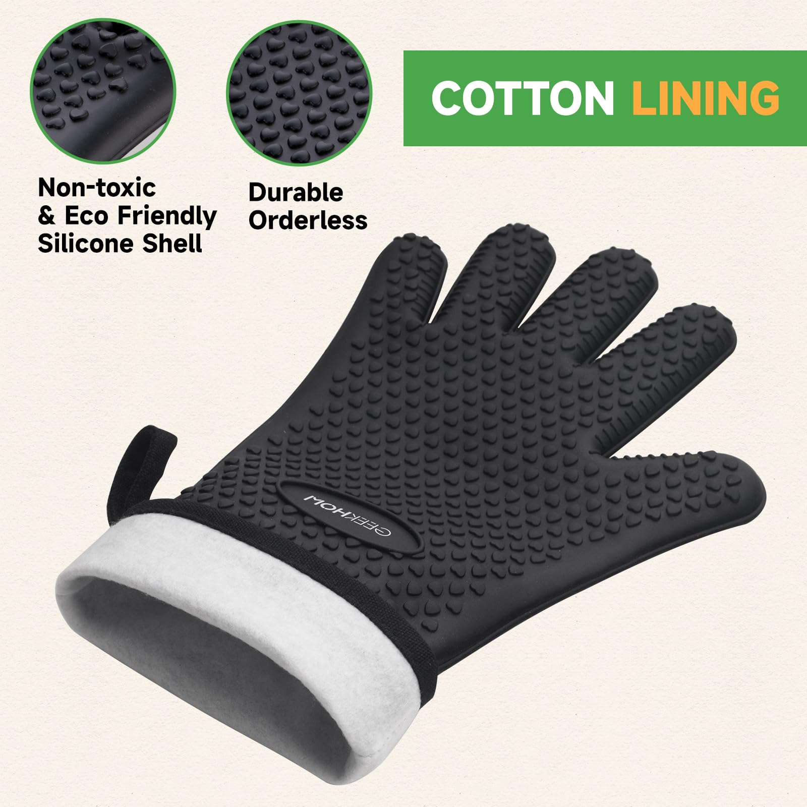 GEEKHOM Silicone Oven Mitts Heat Resistant Gloves with Cotton Lining for Kitchen Cooking, Baking & BBQ Accessories, Dishwasher Safe Non-Slip Grip (Black)
