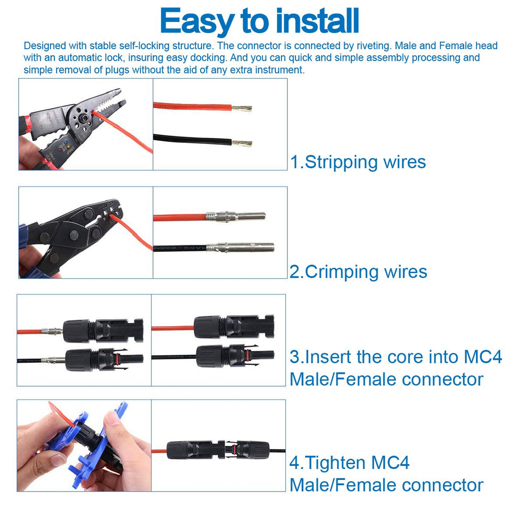 Ruikarhop MC4 Connectors Y Branch 1 to 2 Parallel Adapter Cable Wire Plug,MC4 Assembly Tool and 5 Pair MC4 Male/Female Solar Panel Cable Connectors