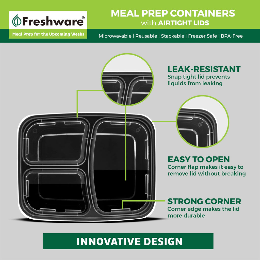 Freshware Meal Prep Containers 21 Count (Pack of 1), 3 Compartment with Lids, Food Storage Containers, Bento Box, Stackable, Microwave/Dishwasher/Freezer Safe (24 oz)