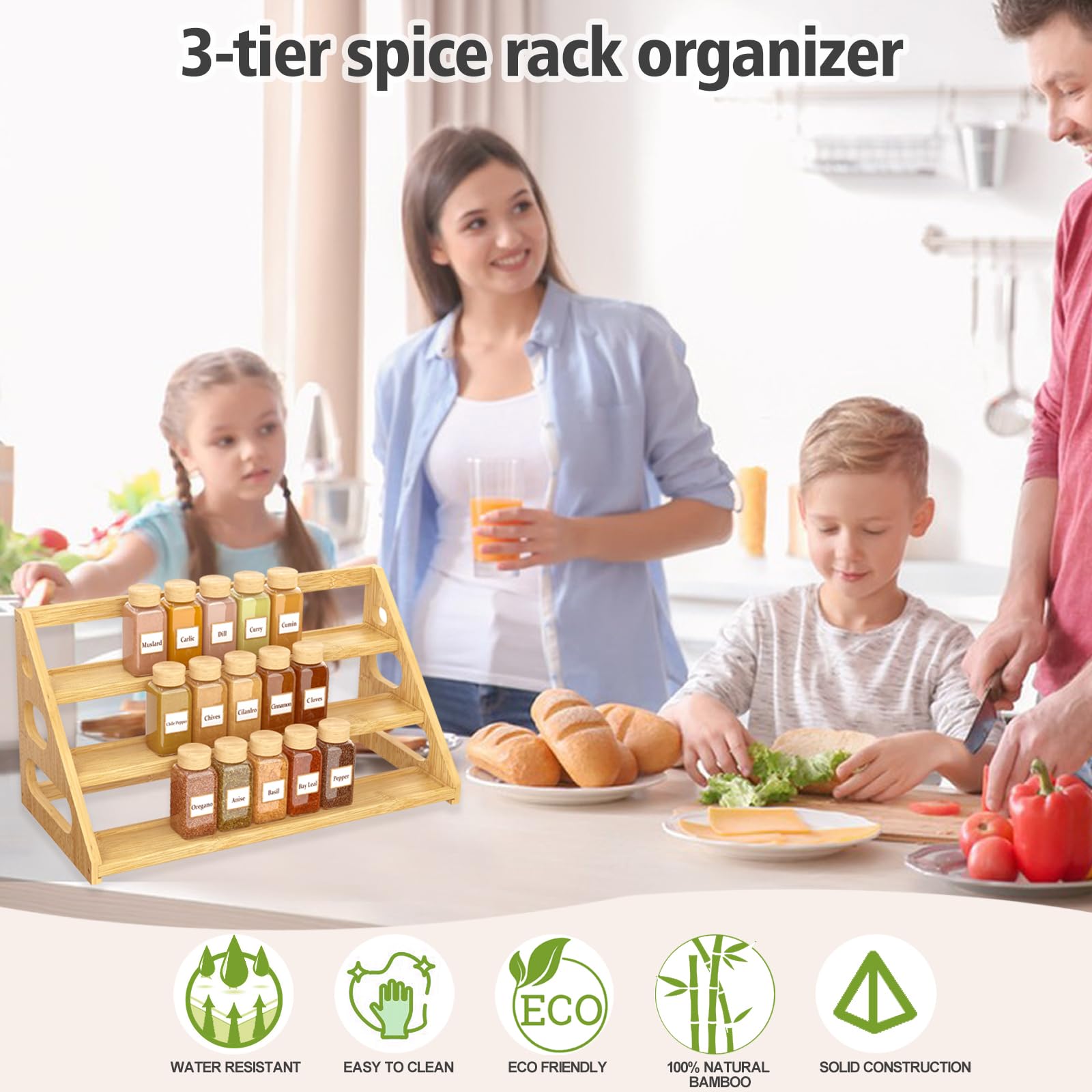 Spice Rack - Tiered Spice Rack Organization for Cabinet - 3 Tier Bamboo Display Spice Shelf for Countertop