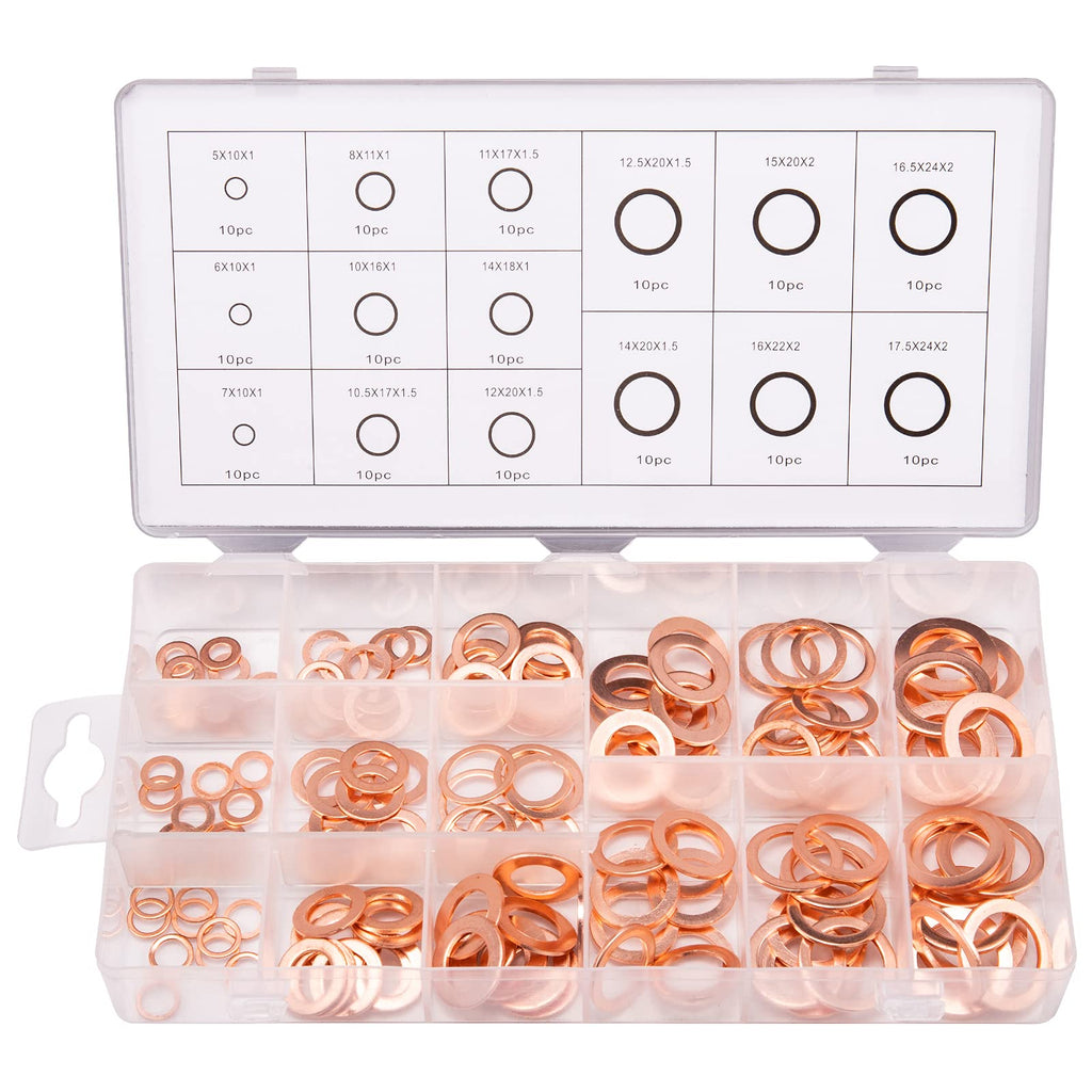 Toolwiz 150PCS 15 Sizes Copper Washers Metric Sealing Assortment Set Flat Ring Sump Plug Crush Washer Oil Drain Plug Gasket Seal Assortment Set M5/6/7/8/10/10.5/11/12/12.5/14/15/16/16.5/17.5