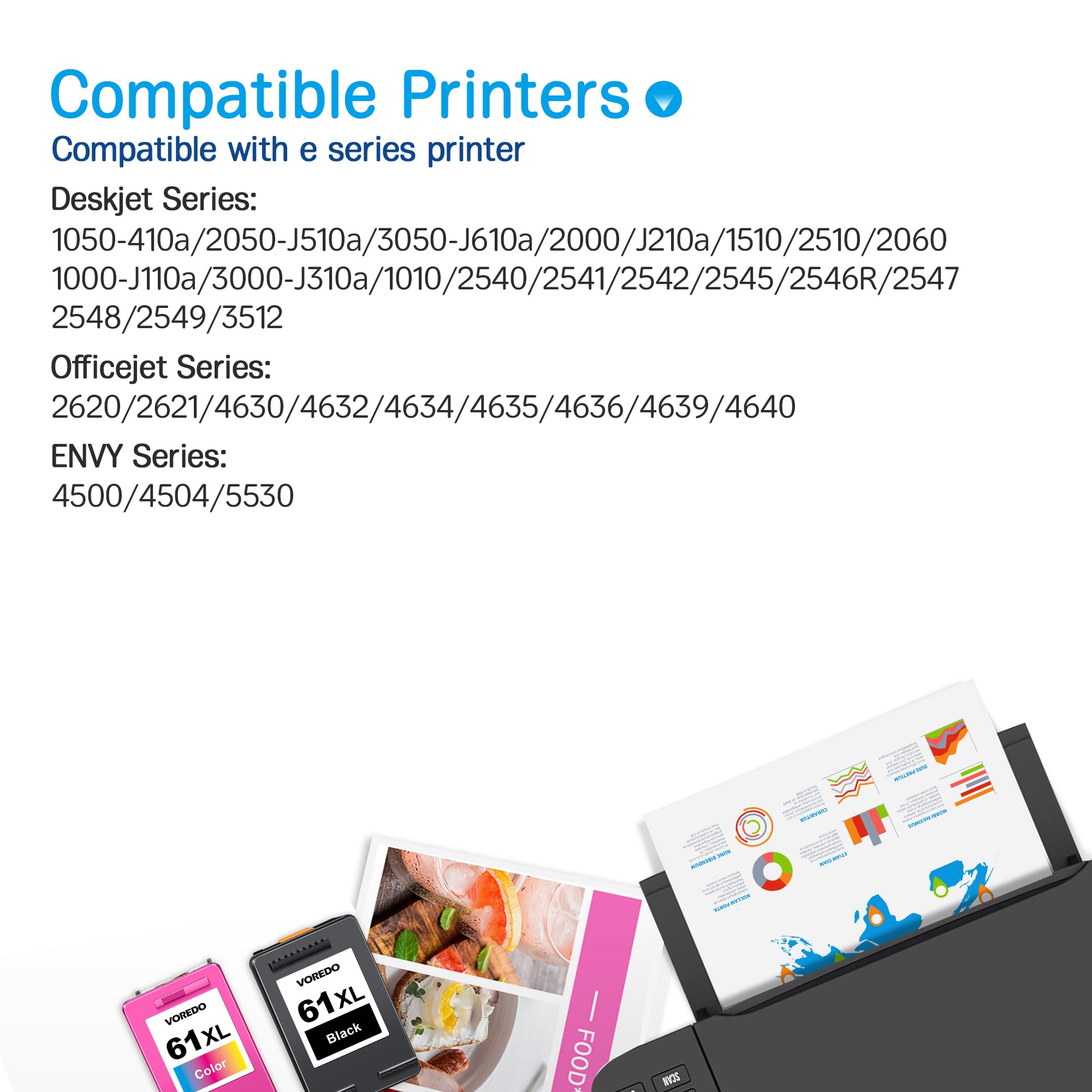 61XL Ink Cartridges Compatible for Ink 61 for 61 Ink Cartridge Works for Envy 4500 4501 4502 5530 Officejet 4630 4635 Deskjet 1000 1010 1510 2540 Printer(1 Black, 1 Tri-Color)