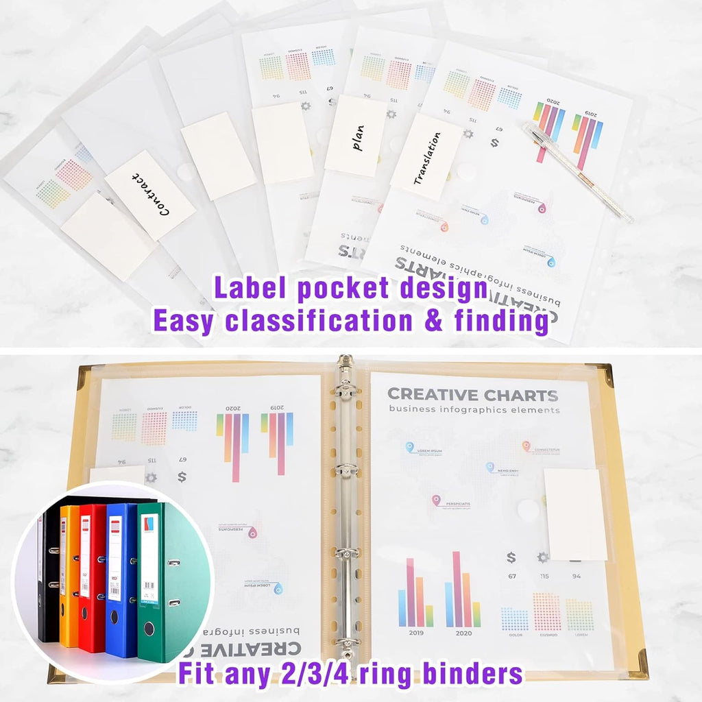 Colacoo A4 Binder Pocket Binder Organizer, 11 Holes Poly Envelope with Self Adhesive Dot for 2/3/4 Plastic Binder Folders for School Office Supplies, Letter Size, Clear, 24pcs
