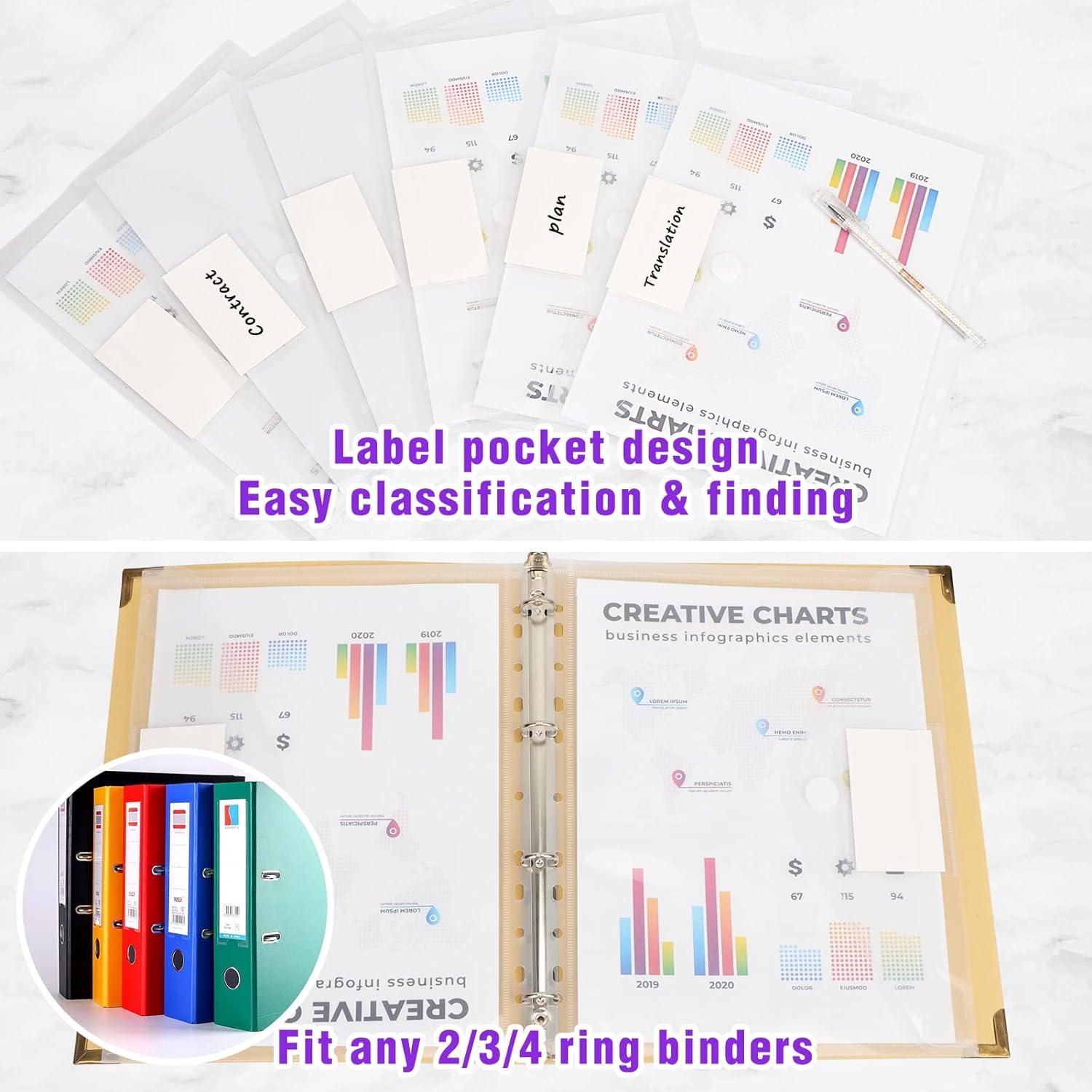 Colacoo A4 Binder Pocket Binder Organizer, 11 Holes Poly Envelope with Self Adhesive Dot for 2/3/4 Plastic Binder Folders for School Office Supplies, Letter Size, Clear, 24pcs