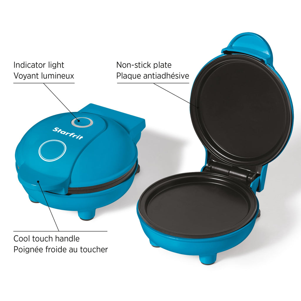 Starfrit Electric Mini Pancake Maker - 4" Non-Stick Cooking Surface - Easy to Use & Clean - Blue - 300W