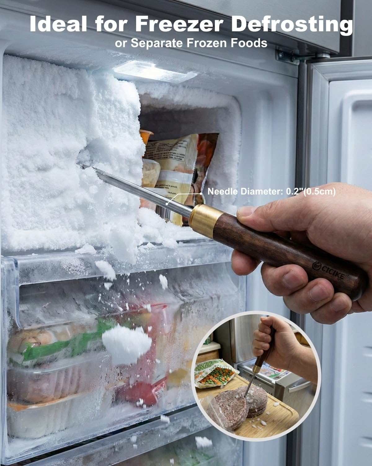 Heavy Duty Ice Pick & Ice Breaker Tool with Safety Cover - Stainless Steel Wood Handle for Bartending, Freezer Defrosting & Winter Survival (Pic à Glace) - 9 Inch (Pack of 2)