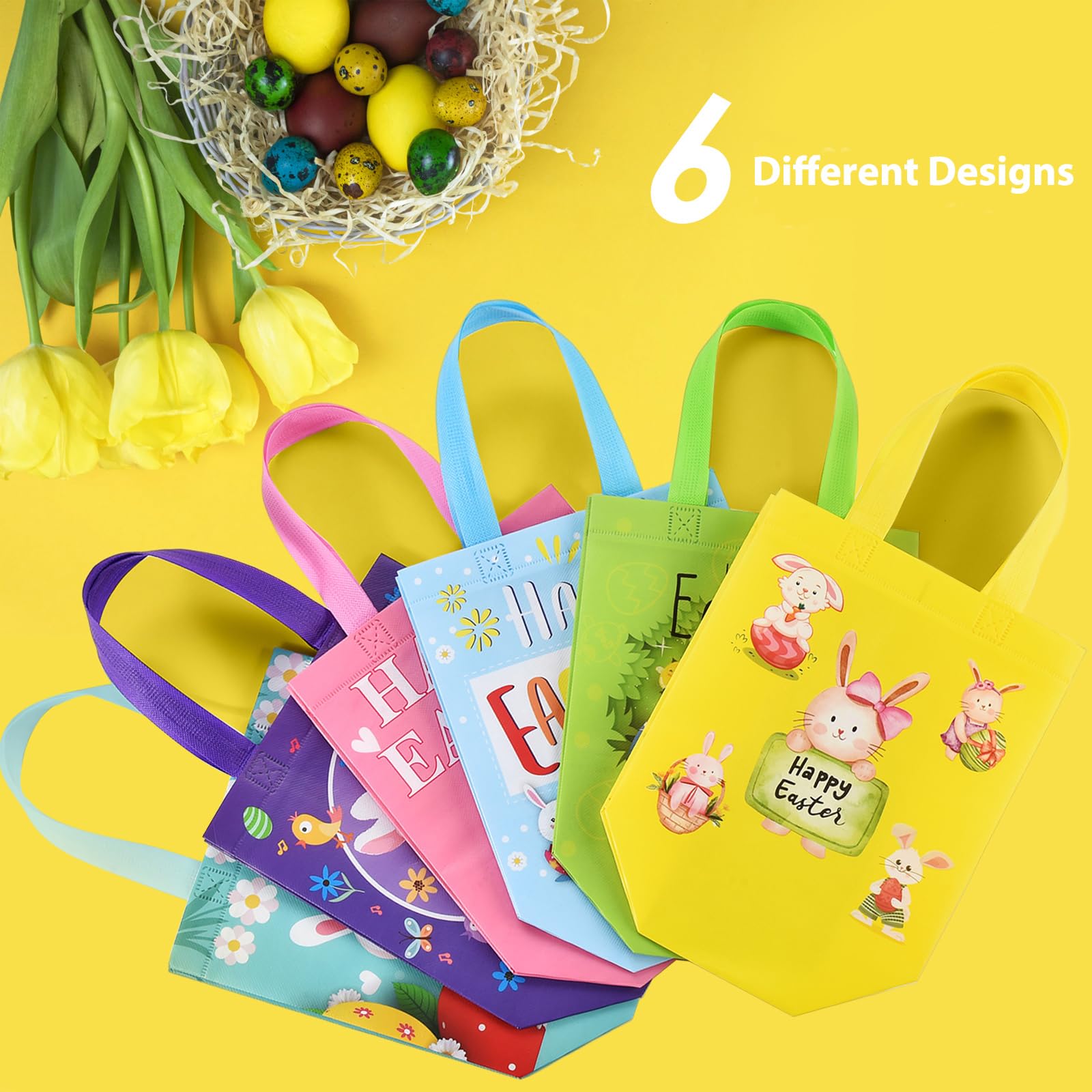 AhfuLife Easter Gift Bags with Handles, Easter Egg Hunt Bags for Kids, Reusable Non-woven Easter Rabbit Bunny Bag for Easter Egg Hunt Party Supplies Decorations, 9"×4.33"×8.46" (Easter medium bags 12pcs)