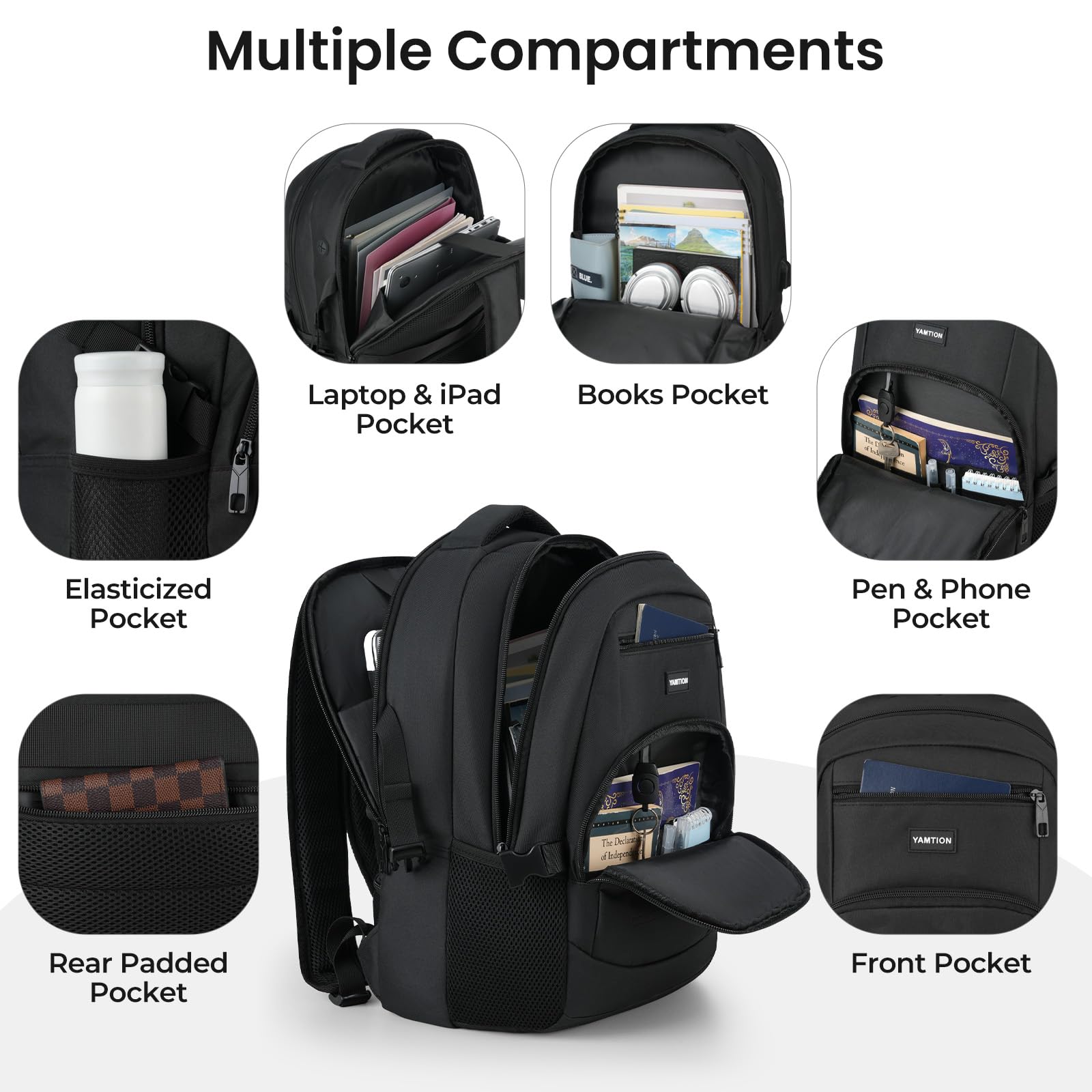 YAMTION Black Backpack for Men and Women, Laptop Backpack with USB Charging Port, School Backpack for Boys and Girls, Lightweight Bookbag, Work Backpack Fits 15.6 Inch Notebook