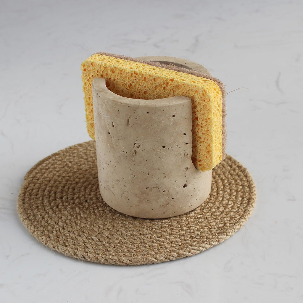 Natural Marble Sponge Holder for Kitchen Counter, Drying Rack, Sponge Caddy for Sink Organizer (Beige Travertine)
