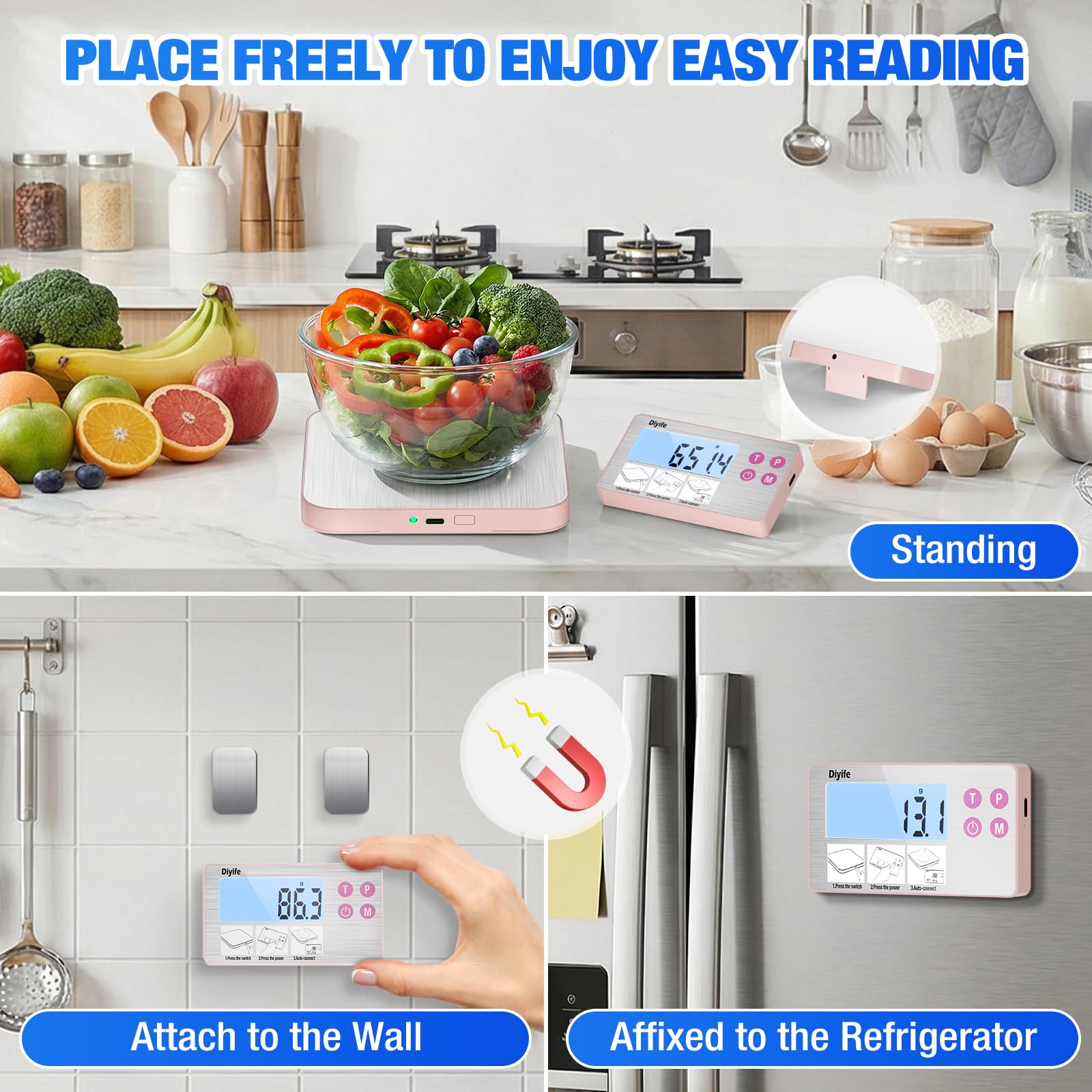 Rechargeable Separate Digital Food Scale, [33lb/15kg] Diyife Magnetic Weighing Kitchen Scale with Detachable Display, Stainless Steel Platform, Tare Function, Suit for Baking, Coffee, Cooking(Pink)