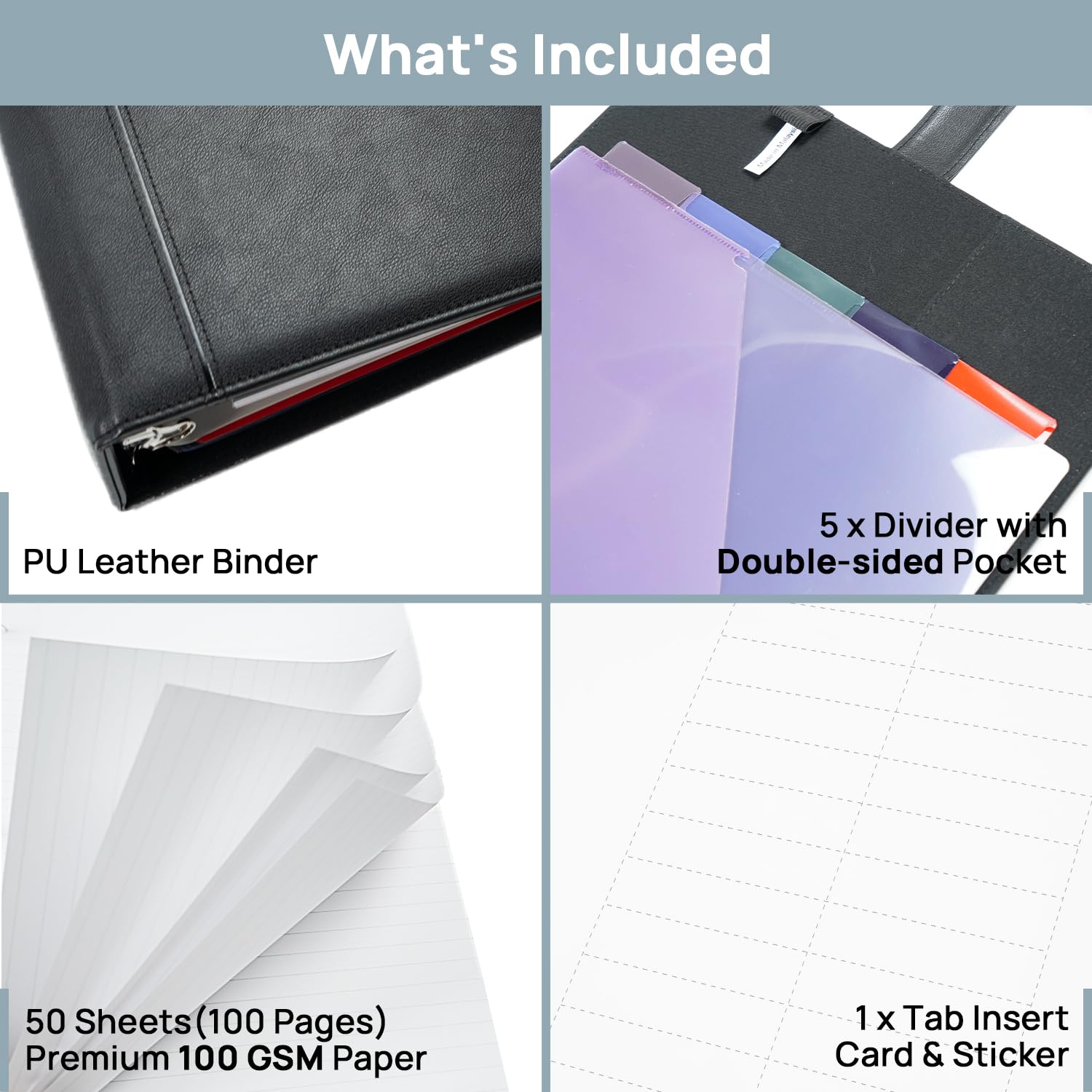 POPRUN PU Leather 3 Ring Binder, Professional Business Organizer- Includes PP Dividers, 100GSM / Grade AA Filler Papers, Card &Sticker for Tab- Ideal for Office Presentation Meetings