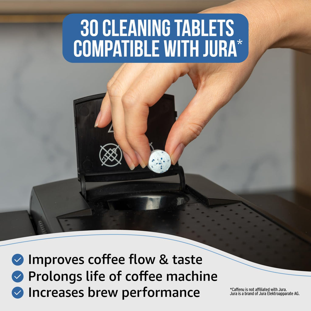 Jura Compatible Cleaning Tablets. 30 Tablets Cleaning. Coffee Cleaning Tablets - Cleans Internal Parts, Portafilter, Inaccessible Areas. Use On All Home & Pro Jura Coffee Machines.
