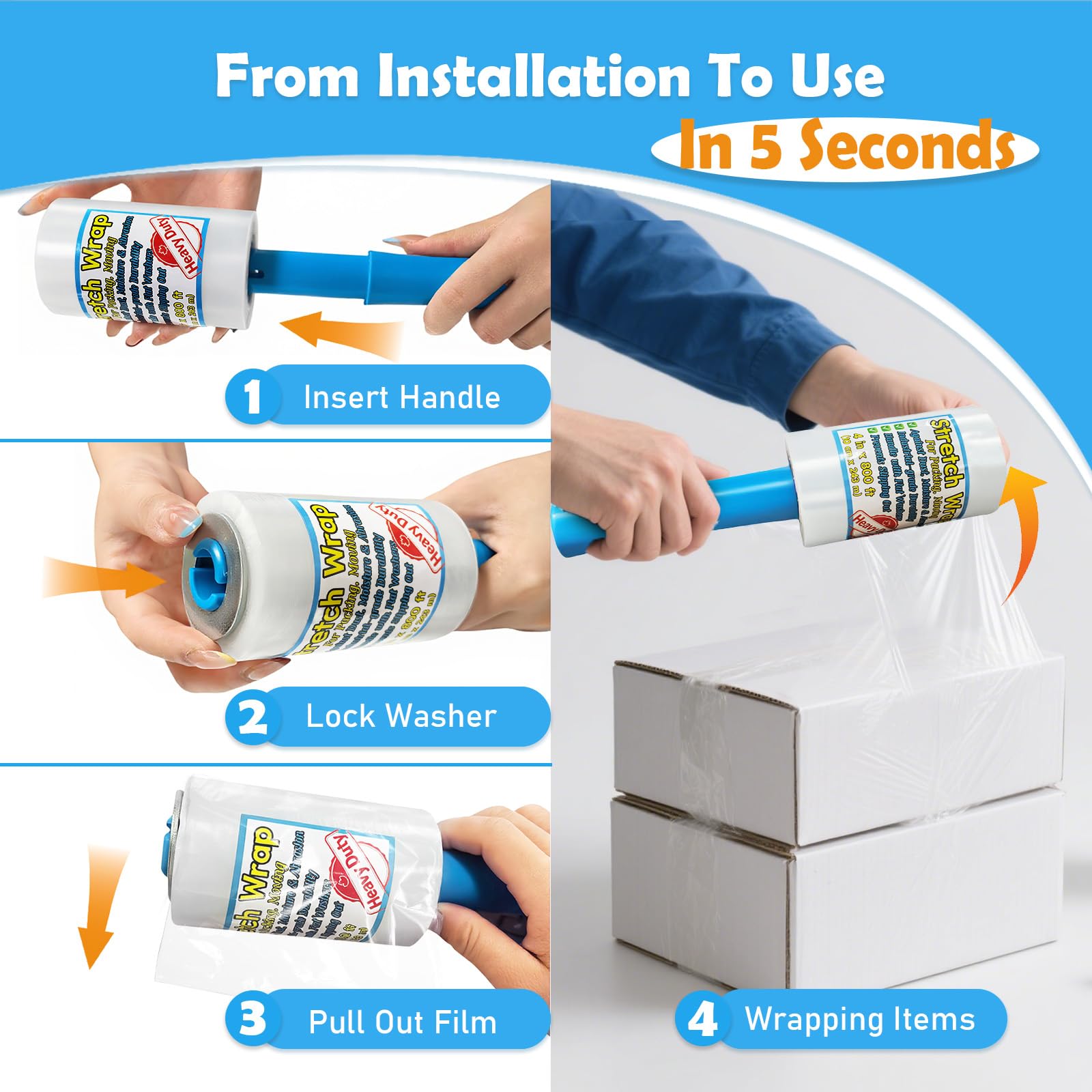 Anti-Slip Handhold Stretch Wrap Film - 4 Pack, 4in x 800ft, 60 Gauge, with Lock Washers & Handle, Non-Slipping Out Plastic Wrap for Moving, Packing Supplies, Furniture Protection, Industrial