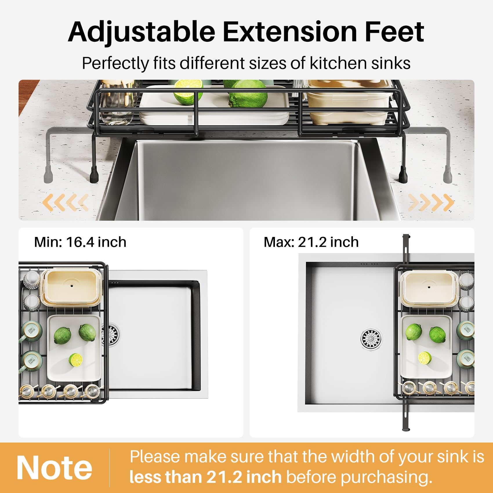 Dish Drying Rack - Extendable Dish Rack, Large Sink Drying Dish Drainer for Kitchen Counter, Stainless Steel Dish Strainer with Utensil Holder (Black)