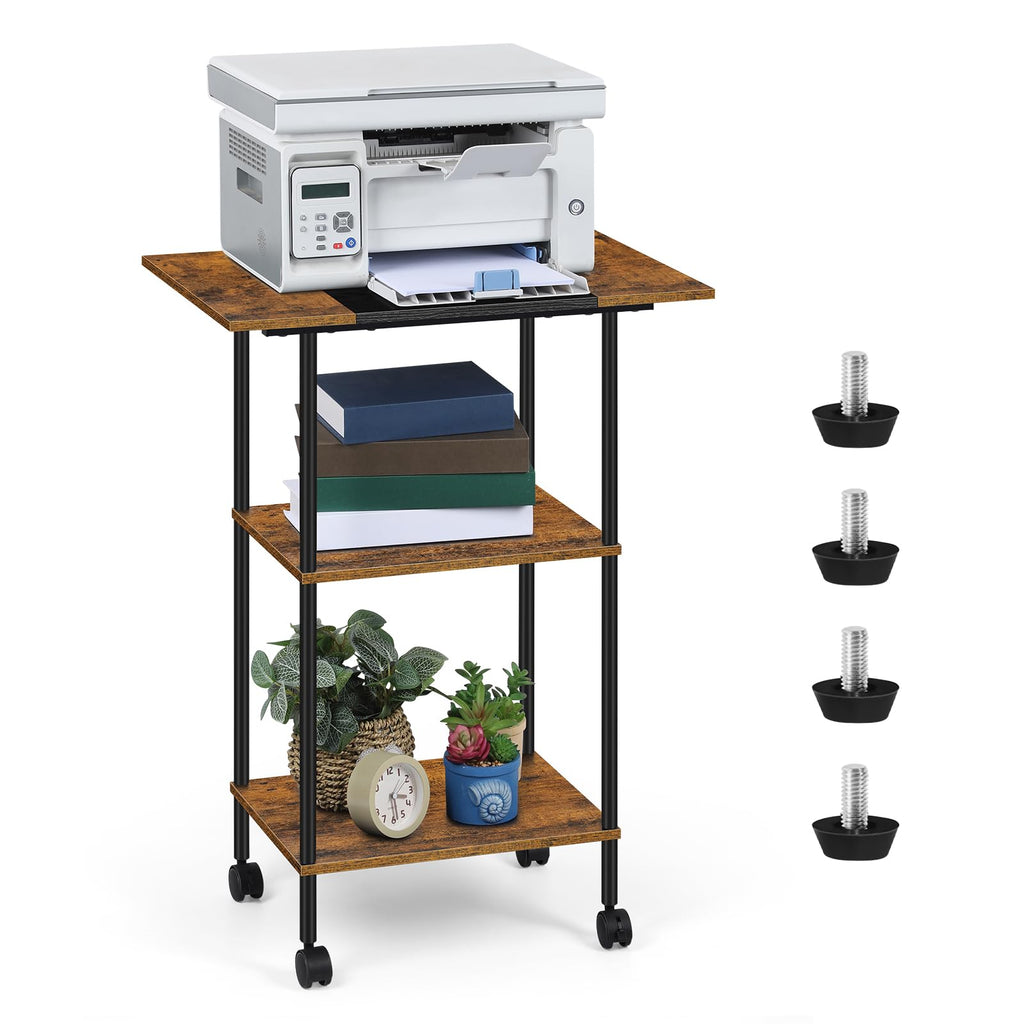 Shinoske Printer Stand with Storage,3 Tier Large Printer Table with Wheels for Home Office,Rolling Cart with Storage Shelf,for 3D Printer,Scanner Fax,Shredder,Rustic Brown