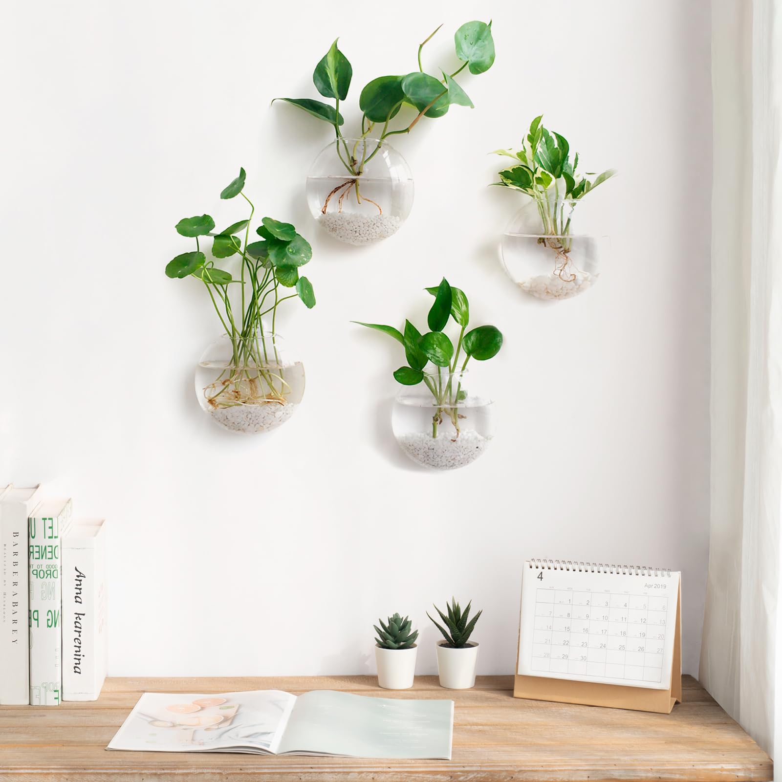 Mkono 2 Pack Glass Wall Hanging Planter Wall Mounted Plant Vase Indoor Air Plants Terrariums for Home Office Living Room Decor Oblate