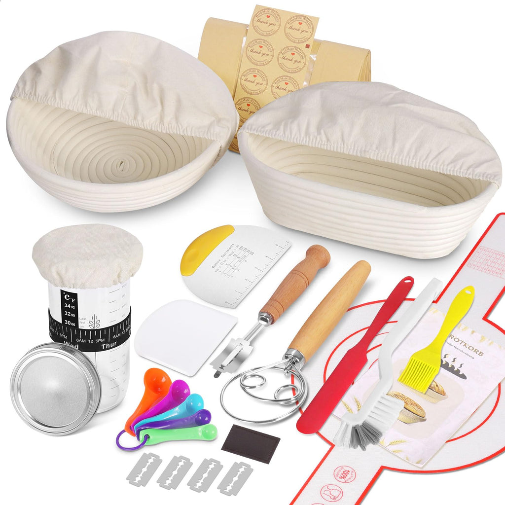SHANNA Sourdough Bread Starter Kit, 15pcs Sourdough Tools, Round and Oval Banneton Proofing Basket, Home Bread Proofing Basket, Sourdough Kit for Beginners and Bakers (15PCS)