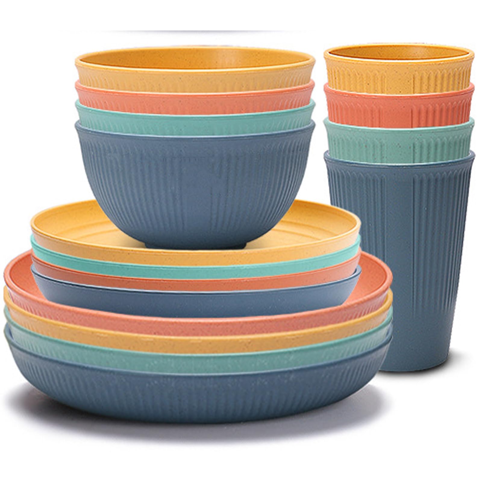 16 Pieces Bowl Set Tablewares, Wheat Straw Plates,Lightweight Degradable Dinner Plates Set,Bowls, Cups, Tablewares Set, Dishwasher Safe Dinnerware Set, Unbreakable Salad Plates