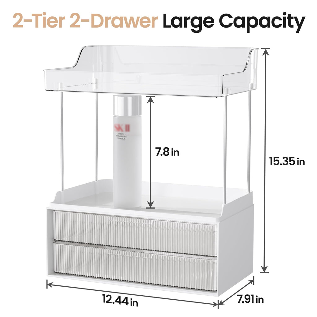 Delamu 2-Tier 2-Drawer Bathroom Organizer Countertop, Multi-Purpose Makeup Organizer Countertop, Large Skincare Organizers, Exquisite Vanity Organizer, Clear