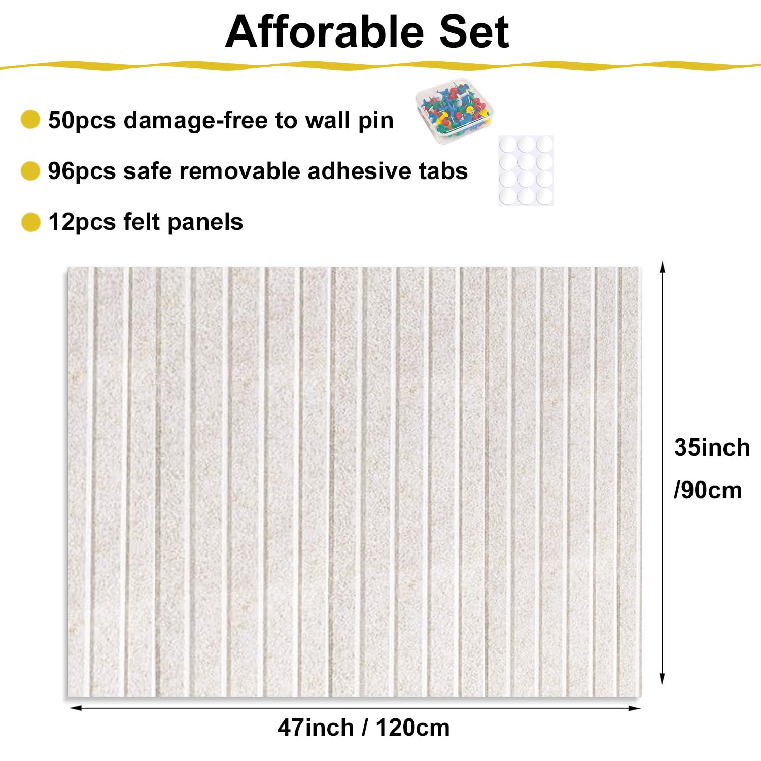 Acidea Large Cork Board Alternative, 120x90cm 12pcs Felt Wall Tiles with Safe Removable Adhesive Tabs and 50 Push Pins, Felt Cork Board for Home Office Wall Decor Tack Board, Light Beige ﻿