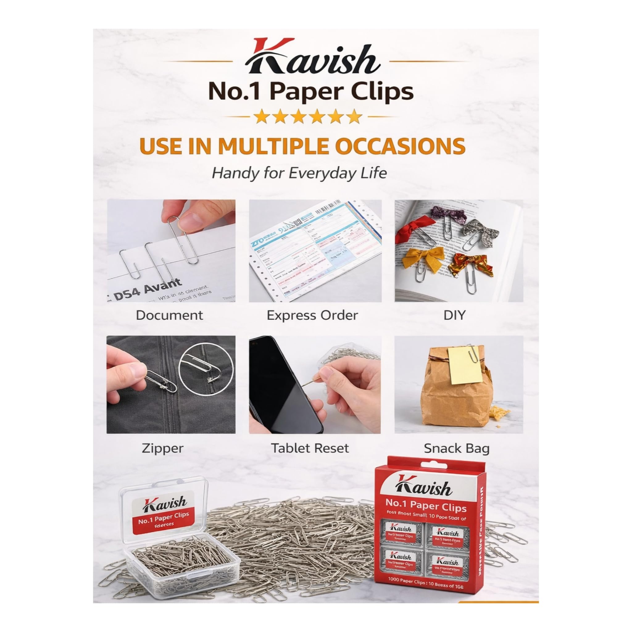1000 Count Kavish No.1 Paper Clips – 1(10 Boxes x 100) Smooth Steel Wire, Rust-Resistant, 33–35 mm Office Paperclips for Home, School & Workplace