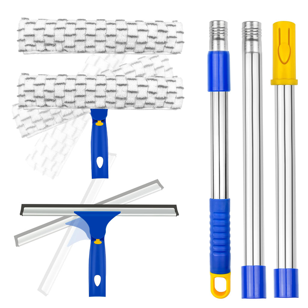 ITTAHO Squeegee for Window Cleaning,12" Squeegee and 11" Microfiber Scrubber Combi with Stainless Steel Pole,Extendable Window Cleaner for Car,Sliding Door,Shower Glass Door-Swivel Style-2 Pads