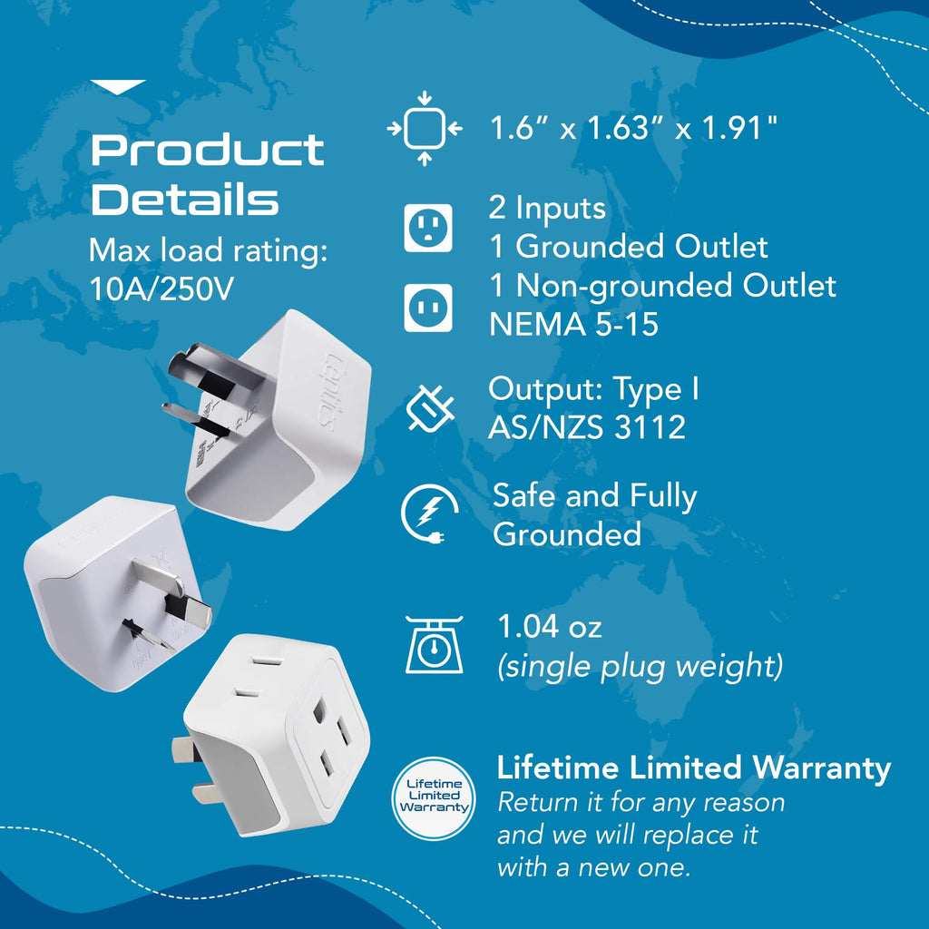 Ceptics Canada to Australia, China Travel Adapter (Type I) - Dual Input - Ultra Compact - Charge your Cell Phone, Laptops, Tablets (CT-16, 3 Pack)