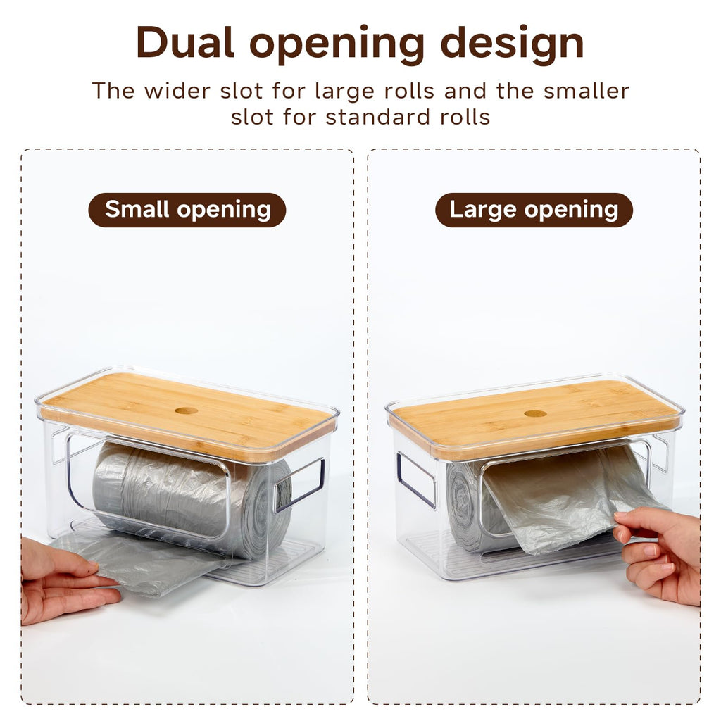 Kithero Trash Bag Holder 3-Pack,Trash Bag Dispenser with Bamboo Lid, Stackable Acrylic Garbage Bag Dispenser for Under Sink Use in Kitchen, Laundry Room, and Pantry, Large Capacity Garbage Bag Holder