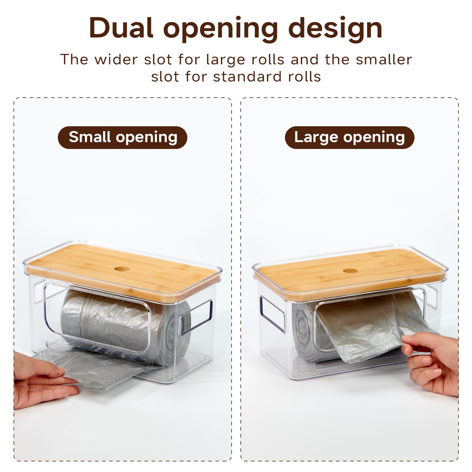 Kithero Trash Bag Holder 3-Pack,Trash Bag Dispenser with Bamboo Lid, Stackable Acrylic Garbage Bag Dispenser for Under Sink Use in Kitchen, Laundry Room, and Pantry, Large Capacity Garbage Bag Holder