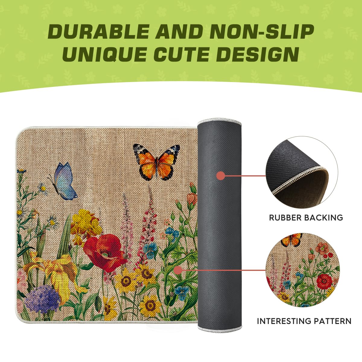 Artoid Mode Wood Flowers Butterfly Spring Doormat, Home Summer Decor Low-Profile Switch Rug Door Mat Floor Mat for Indoor Outdoor 17x29 Inch