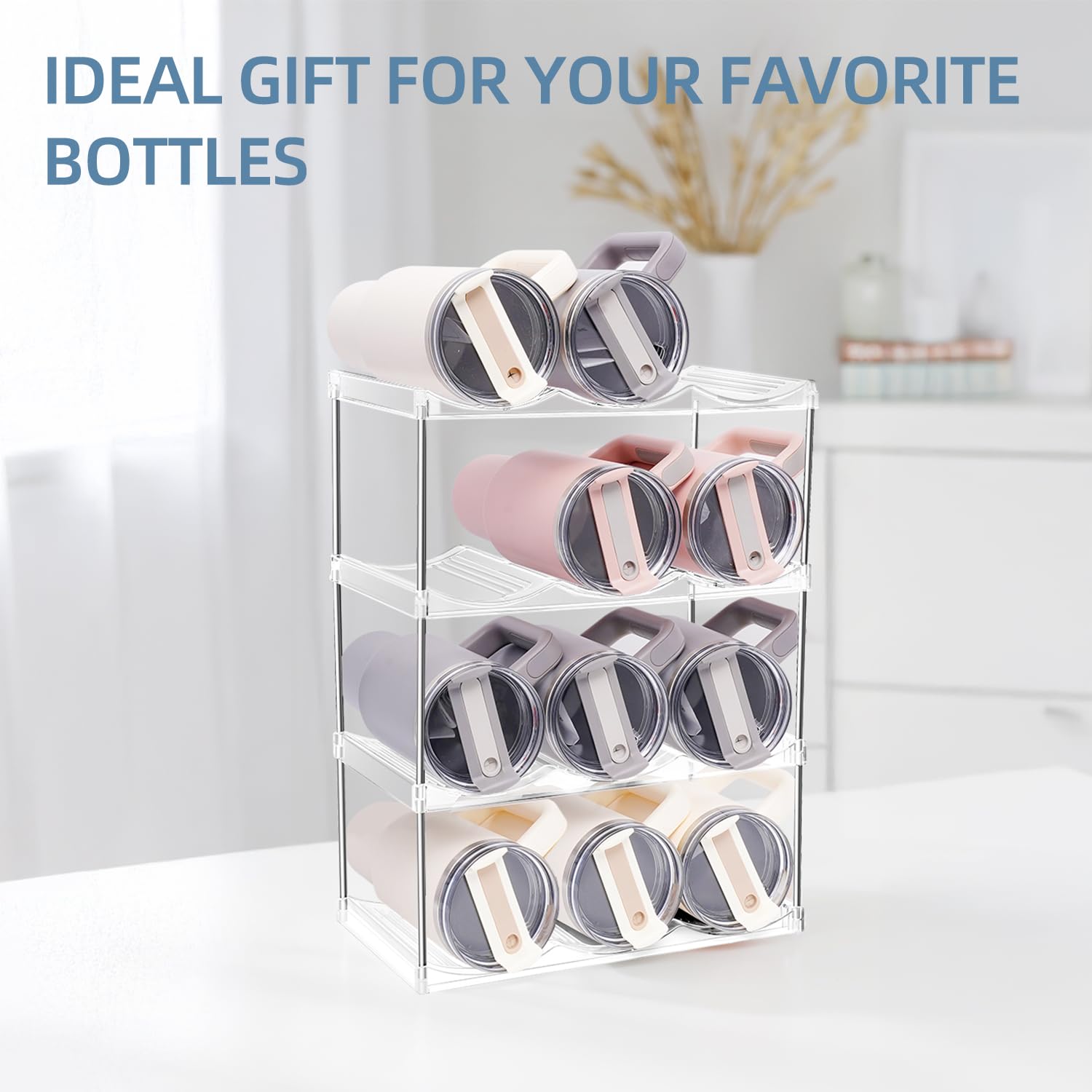 4-Tier Stackable Water Bottle Organizer for Stanley Cup 40oz, Tumbler Organizer, Space-Saving Storage Holder Rack for Large Cups, Ideal for Home and Kitchen Cabinet, Countertop, Pantry, Wine Rack