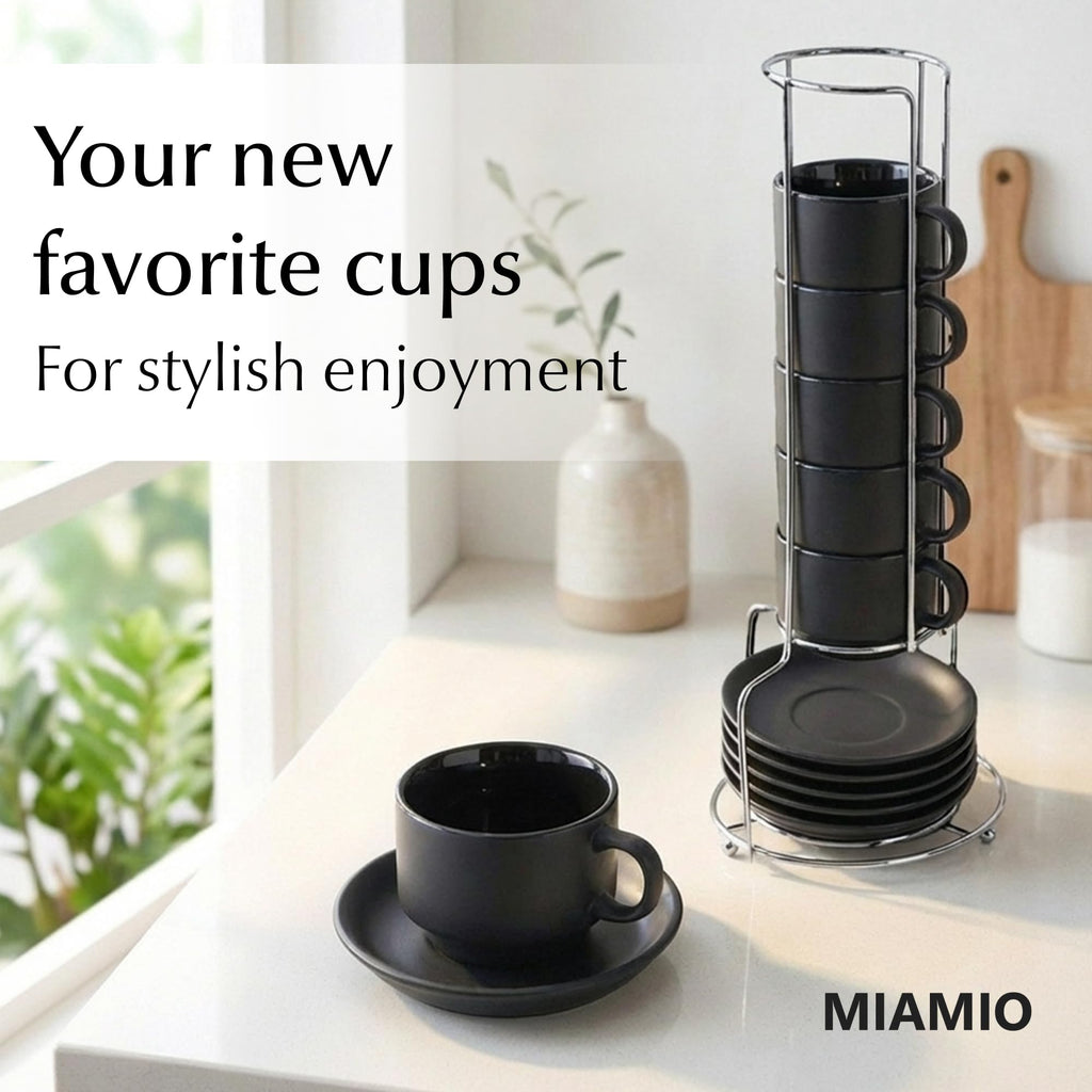 MIAMIO - 75 ml Espresso Cup Set with Saucers Coffee Mug Set of 6 - Ceramic Coffee Mug Stackable Espresso Mug with Stand for Coffee Drinks, Latte, Cafe Mocha - Le Papillon Collection (Black)