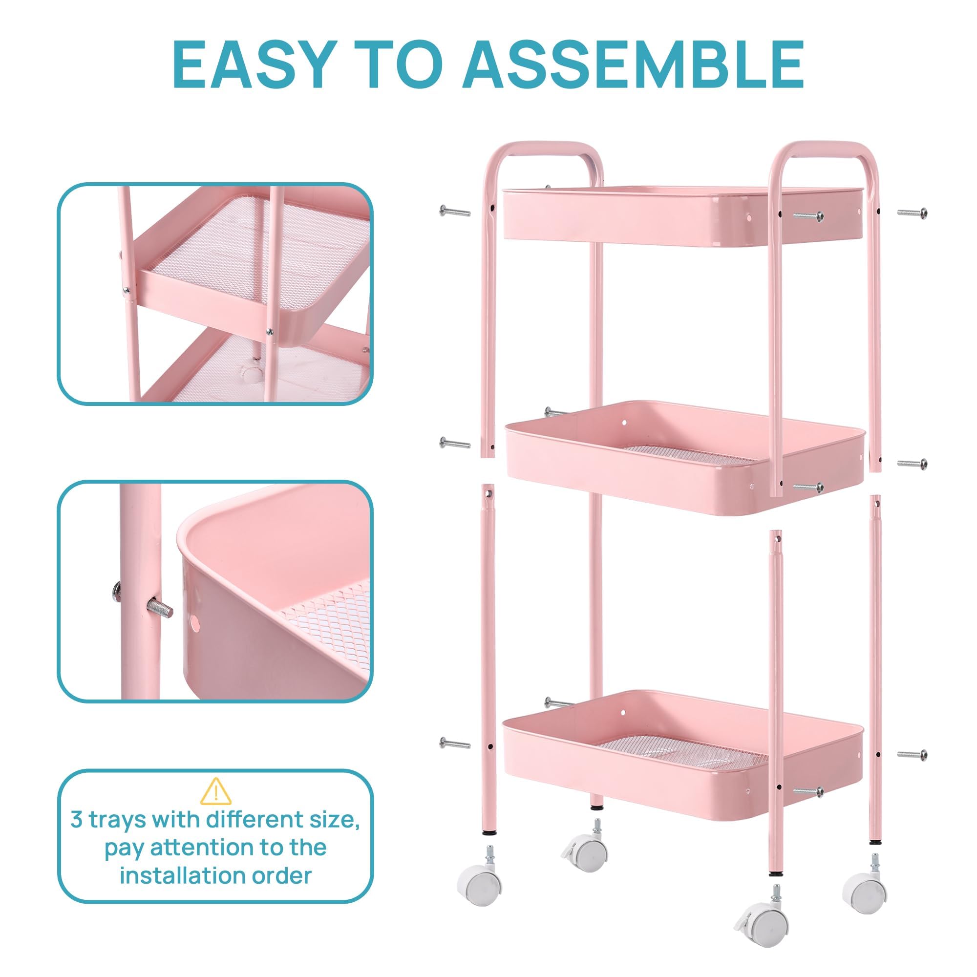 3 Tier Metal Rolling Cart with Wheels, Utility Storage Cart with Handle and Lockable Casters, Storage Basket Organizer Shelves, Easy Assemble for Kitchen, Living Room, Office, Nursery, White (Pink)