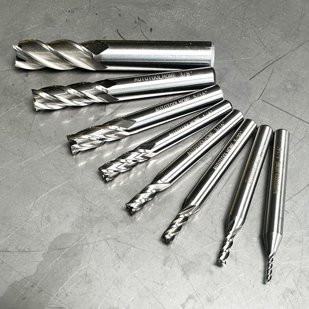In-tool-home 1/8" 3/16" 1/4" 5/16" 3/8" 1/2" high Speed Steel HSS 4 Flute Straight End Mill Cutter Set of 8