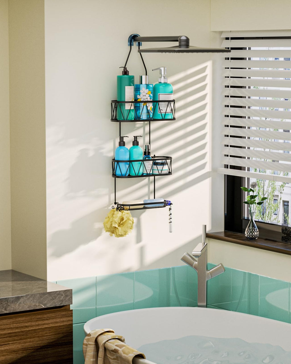 HapiRm Over Head Shower Caddy, Rustproof & Waterproof Shower Caddy Hanging with with Soap Holder & 4 Hooks, No Drilling Bathroom Shelf Organizer Hanging for Shampoo, Soap